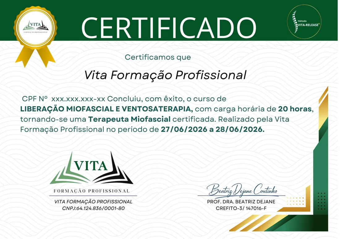Modelo do certificado de conclusão do curso de Liberação Miofascial e Ventosaterapia emitido pela Vita Formação Profissional